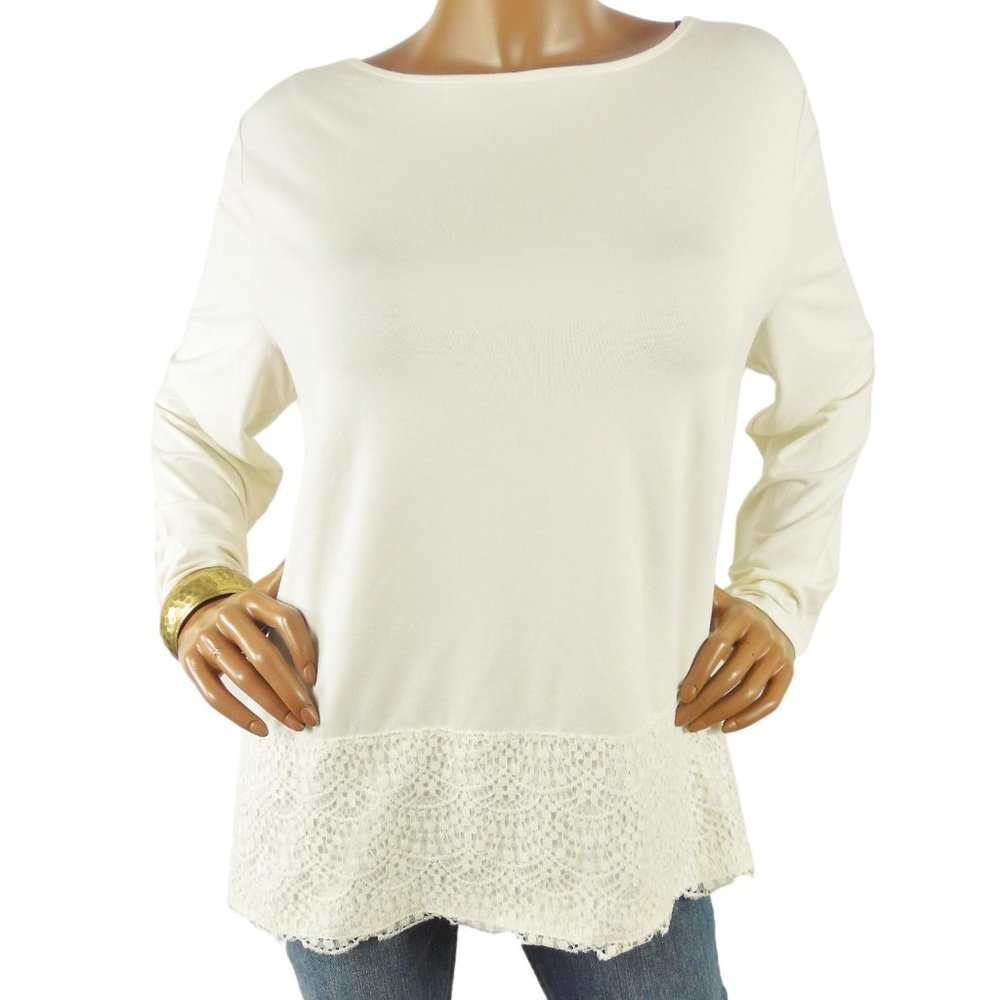 TALBOTS Top 2X NWT $79 Ivory Blouse Stretch Shirt Lace Hem Long Sleeves Casual - Picture 2 of 9
